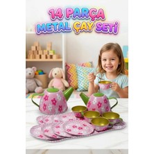 Farbu Oyuncak Metal Çiçek Desenli Çay Setim! 14 Parça 4 Kişilik Fincanlı Metal Eğlenceli Oyuncak Evcilik Seti