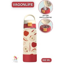 Vagonlife 550 ml Desenli Çift Içim - Pipetli / Pipetsiz Taşıma Kulplu Paslanmaz Çelik Termos