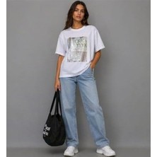 Palenaole Butik Yazı Desenli Bisiklet Yaka Kısa Kollu Beyaz Renk Basic Tshirt