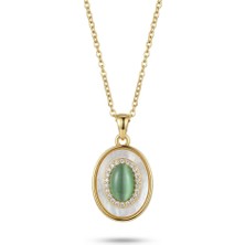 Zeino Sedef ve Oval Yeşil Taş Detaylı Çelik Kolye Ucu - 14K Altın Kaplama - 15 x 24 mm (40+5 cm Çelik Zincir Hediyeli)