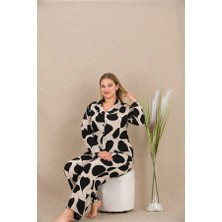 Aria's Closet Arias Closet Büyük Beden Siyah Beyaz Kalp Desenli Düğmeli Uzun Kol Viskon Pijama Takımı