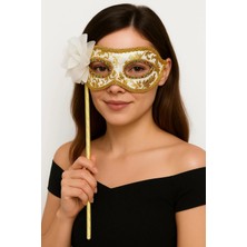 Oyun Lüks Taşlı Saplı Maskeli Balo Maskesi Beyaz Renk 35 cm