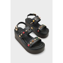Capone Outfitters Jennie Dolgu Topuklu Renkli Taşlı Çift Bantlı Kadın Sandalet
