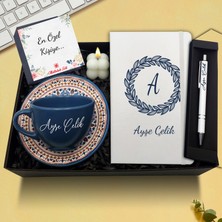 As Company Kişiye Özel Mavi Defter & Mavi Çay Fincanı & Beyaz Kalem & Bubble Mum Hediye Seti