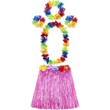 The Gencoo Yetişkin ve Çocuk Uyumlu Luau Aloha Hawaii Pembe Etek ve Renkli Kolye Taç 2 Adet Bileklik Seti