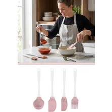 Silicolife 4'lü Silikon Mutfak Servis Hazırlık Seti - Kepçe, Spatula ve Fırça Seti SL048 PEMBE