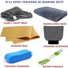 6'lı Mikrofiber Oto Yıkama Seti Kurulama Bezi Cam Bezi Güderi Oto Eldiven Oto Sünger Detay Fırçası