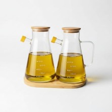 Assess Store 2'li Büyük Boy Şeffaf Cam Yağdanlık Seti - Bambu Kapaklı ve Standlı Desenli Yağlık Sirkelik (2 x 900 Ml)