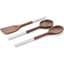 Assess Store AMBERHAUS%100 Doğal Akasya Ahşap & Paslanmaz Çelik 3’lü Mutfak Seti | Kaşık, Spatula, Kevgir | Dayanıklı ve Şık Servis Takımı (Spatula)