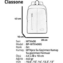 Assess Store BP-WTX406G Pro 15.6 Inch Uyumlu Wtxpro Su Geçirmez Kumaş, Su Geçirmez Fermuar,, Laptop, Notebook Sırt Çantası-Gri