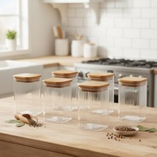 Assess Store 6'lı Set 350 ml Bambu Kapaklı Kare Cam Kavanoz - 6X10 cm Vakumlu Orta Boy Şeffaf Erzak Kabı Kahve Çay Baharatlık ve Mutfak Düzenleyici Organizer Saklama Kutusu