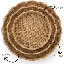 Assess Store Amberhaus 3'lü Doğal Örgü Yuvarlak Tepsi Seti - Hasır Sunum ve Servis Tepsisi - Dekoratif Organizer (35-30-25 Cm)