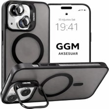 Assess Store & Aksesuar Magsafe ile Uyumlu Kamera Lens Hediyeli Mat Şeffaf Pc Telefon Kılıfı – Manyetik Standlı, Darbe Emici (Siyah, 17)