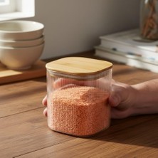 Assess Store Bambu Kapaklı Kare Cam Saklama Kavanozu (10X10 Cm) - Vakum Kapaklı Şeffaf Erzak Kabı ve Mutfak Düzenleyici Organizatör