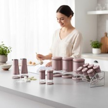 Assess Store 13 Parça Rose Çelik Kapaklı Cam Baharatlık Seti - Stantlı Çeyizlik Baharat Takımı Yağlık Sirkelik Tuzluk ve Dev Erzak Kavanozu Mutfak Düzenleyici Organizer