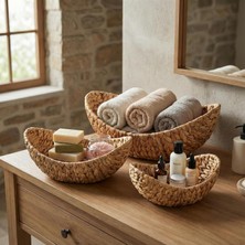 Assess Store 3'lü Hasır Kayık Sepet Seti - Doğal Örgü Dekoratif Düzenleyici ve Sunum Organizeri - Banyo, Mutfak ve Salon Için Çok Amaçlı Iç Içe Geçen Sepet Takımı (33X24 Cm)