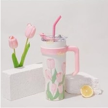 Assess Store 1200ML Pembe Lale Desenli Tumbler Pipetli/pipetsiz Kulplu Paslanmaz Çelik Termos