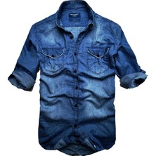 Gulf Bird Slim Fit Saf Pamuk Denim Kumaş Kot Gömlek- -koyu Mavi--