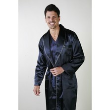 Ancelo 333 Lacivert Saten Pijama Takım ve Robdöşambr 3lü Damat Çeyiz Seti Erkek İçin Şık Tasarım