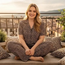 NiCe İç Giyim Büyük Beden Leopar Desen Gömlek Yaka Düğmeli Milan Baharlık Kumaş Kadın Pijama Takım