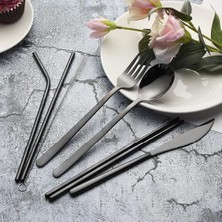 Daisy Home 8 Parça Çantalı Yolculuk Çatal Bıçak Kaşık Pipet Chopstick Seti Kamp Okul Ofis Tatil Paslanmaz Çelik Siyah