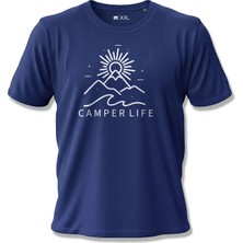 North Whiskers Camper Life Dağ ve Güneş Baskılı Unisex %100 Pamuklu Lacivert Outdoor Tişört