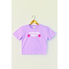 So Cool Future Milf Yazı Baskılı Lila Renk Crop T-Shirt Y2K Kadın Tişört