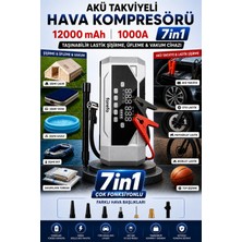 Yussraw Ferofe 12.000MAH Araç Akü Takviyeli Işıklı Hava Kompresörü Akü Takviye Cihazı 4'ü 1 Arada