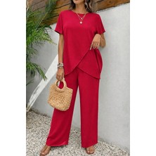 Trend Cojans Kadın Kısa Kollu Bisiklet Yaka Asimetrik Kesim Detaylı Bürümcük Bluz ve Pantolon Ikili Takım