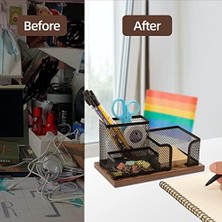 Daisy Home Antika Ahşap ve File Kalemlik Ofis Malzemeleri Caddy, Masaüstü Aksesuarları Için Saklama Sepetleri Yapışkan Not Tutucu, 3 Bölme (2 Paket Siyah)