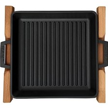 Daisy Home Metal Döküm Izgara Tava, Metal Kulplu, Ahşap Standlı, 26X26 cm