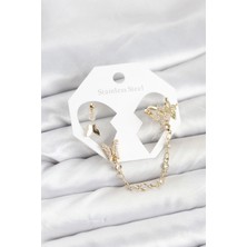 Renas Store Pirinç Gold Renk Model Zincir Bağlantılı Ear Cuff Küpe Seti