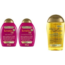 Daisy Home Ogx Keratin Oil Kırılma Karşıtı Sülfatsız 385 ml Şampuan + 385 ml Saç Kremi 2'li Set ve Ogx Yenileyici Argan Oil Of Morocco Saç Bakım Yağı 100 ml