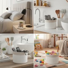 Daisy Home Yuvarlak Bambu Düzenleyici ve Saklama Sepeti – Beyaz Ahşap Çıtalı Banyo, Makyaj ve Ofis Organizeri, Kumaş Astarlı Çok Amaçlı Dekoratif Kutu (18X13 Cm)