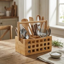 Daisy Home 4 Bölmeli Saplı Doğal Bambu Çatal Bıçak Sepeti - Çok Amaçlı Masaüstü Organizer Mutfak Düzenleyici ve Kalemlik Standı (23X15 Cm)