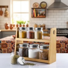 Daisy Home 8 Parça Borosilikat Cam Baharatlık Seti (700 Ml) - Paslanmaz Çelik Kapaklı ve Bambu Kapak Sçenekli 2 Katlı Bambu Standlı Tezgah Üstü Erzak Kabı ve Mutfak Düzenleyici Organizer (Bambu Kapak)
