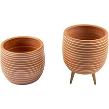 Teknocan Ev Dekorasyon Yan Çizgi Desenli Terrakota Toprak Saksı Saksılık Salon Çiçeklik Ikili Set Ayaksız - 3 Ayaklı- 15 cm