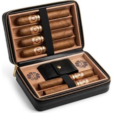 Teknocan Siyah Deri 6'lı Puro Seyahat Çantası - Ispanyol Sedir Ağacı Iç Bölmeli - Askı Takılabilir Taşınabilir Puro Kutusu (Humidor)