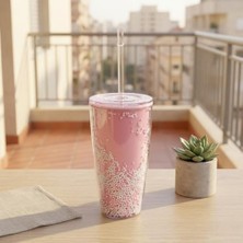 Teknocan Pipetli Çift Katmanlı Soğuk Içecek Bardağı – Boncuklu Tasarımlı Kapaklı Pipetli Bardak 20 Cm, Smoothie ve Soğuk Içecekler Için Yeniden Kullanılabilir Bardak