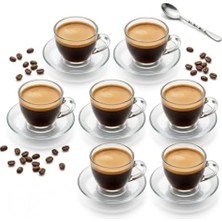 Teknocan 6 Kişilik Şeffaf Cam Kahve Fincan Takımı - 12 Parça Modern Espresso ve Türk Kahvesi Seti - Dayanıklı Cam Fincan ve Tabak Seti