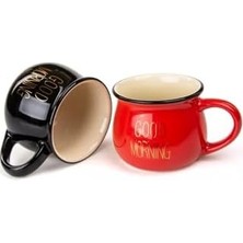 Teknocan 2'li Görünümlü Renkli Porselen Kupa Seti Good Morning Yazılı 250 Ml,siyah & Kırmızı