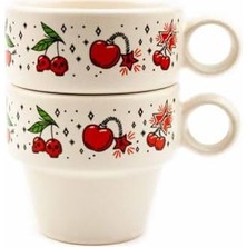 Teknocan Kiraz Desenli 2'li Espresso Bardak Seti - Hediye Seramik Fincan