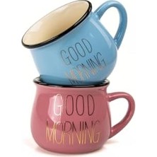 Teknocan 2'li Görünümlü Porselen Kupa Seti Good Morning Yazılı 150 Ml,pembe & Mavi