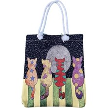 Teknocan Ay Kedili Tote Çanta, Dolunay Yıldızlı Renkli Kediler Baskılı Bez Alışveriş Çantası, 35X40 cm