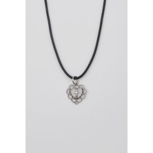 IDR Kalp ve Haç Motifli Kolye - PU Deri İp Zincirli Unisex Gümüş Kaplama - 60 cm