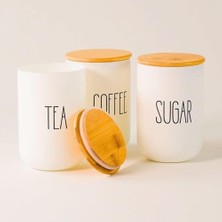 Teknocan Amberhaus 3'lü Bambu Kapaklı Seramik Kavanoz Seti - Vakumlu Çay Şeker Kahve Saklama Kabı - Coffee Sugar Tea Yazılı Beyaz Baharatlık (700 Ml)