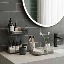 Unique Me Makyaj Organizeri Kozmetik Aksesuar Düzenleyici Banyo Rafı Seti Duman Gri (2 Katlı + Tek Katlı)
