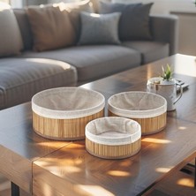 Teknocan Bambu Çok Amaçlı Saklama Kutusu 3'lü Set, Düzenleyici Derin Boy Organizer, Dekoratif Bambu Düzenleyici 3 Boy Doğal Renk (Yuvarlak)