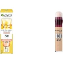 Teknocan C Vitamini Parlak Günlük Uv Korumalı Güneş Yüz Kremi SPF50 Işıltılı Doku 40ML & New York Anti Age Eraser Kapatıcı, 01 Light, 6.8 ml
