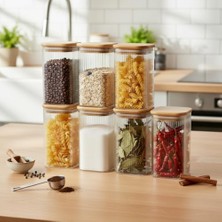 Teknocan 6'lı Set 425 ml Bambu Kapaklı Kare Cam Kavanoz - 6X12 cm Vakumlu Uzun Boy Şeffaf Erzak Kabı Kahve Çay Baharatlık ve Mutfak Düzenleyici Organizer Saklama Kutusu
